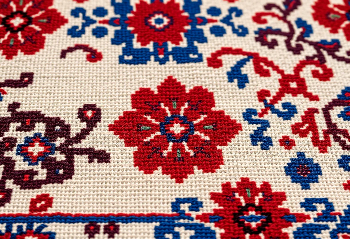 A close-up of a handwoven kilim with intricate floral patterns in red and blue.