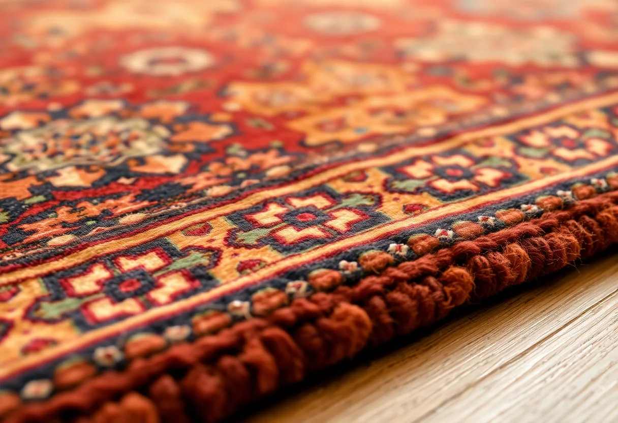 A close-up of a traditional Turkish carpet with intricate geometric patterns and rich colors.