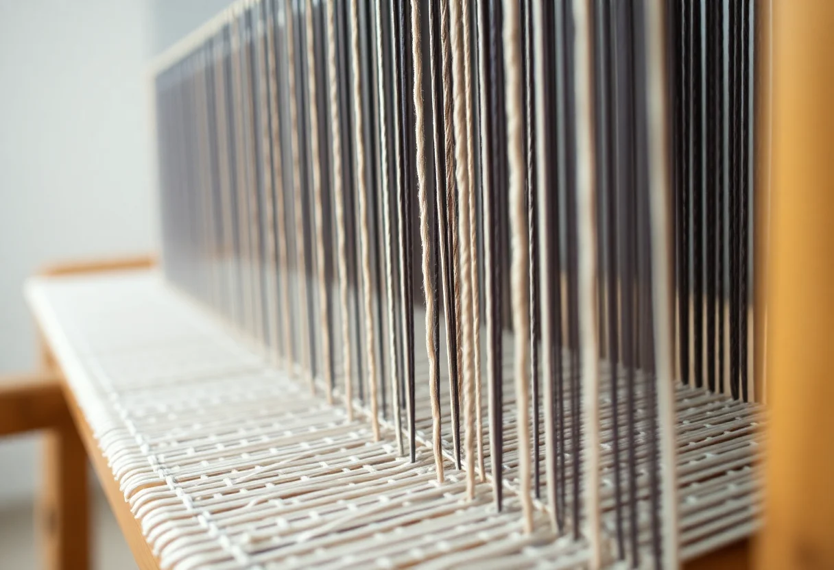 A close-up view of a weaving loom in progress, showing the texture of the threads.