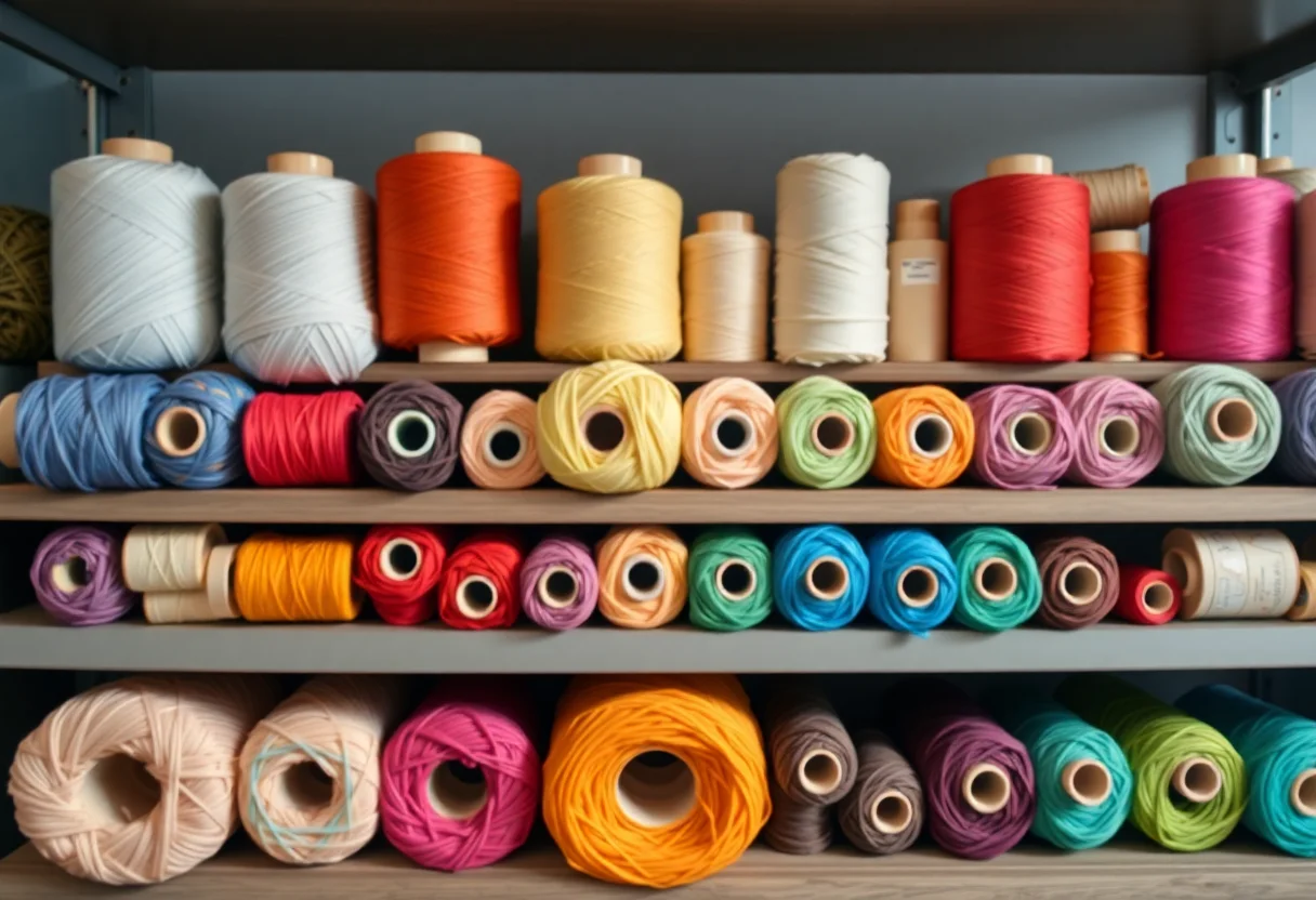 A collection of colorful yarn spools organized on a shelf.