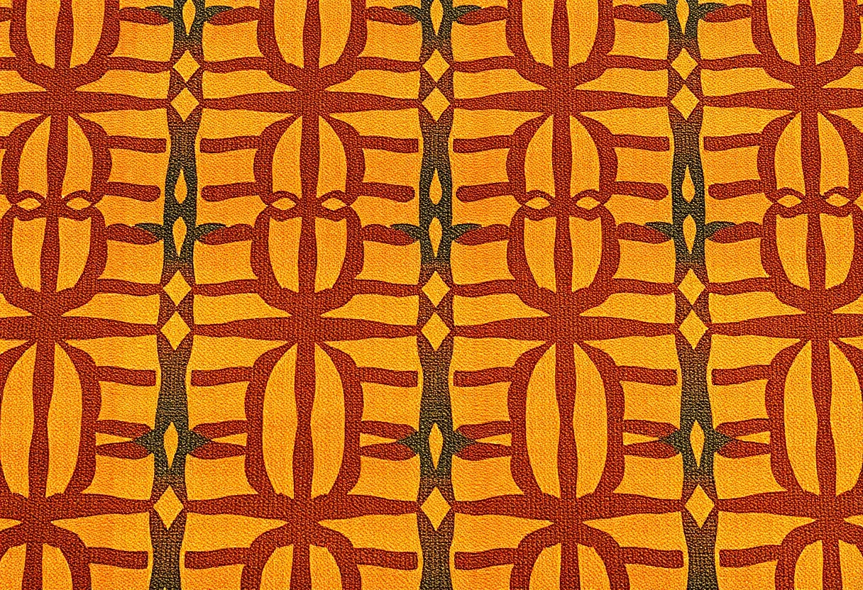 A complex geometric rug pattern with interlocking shapes and a rich, warm color scheme.