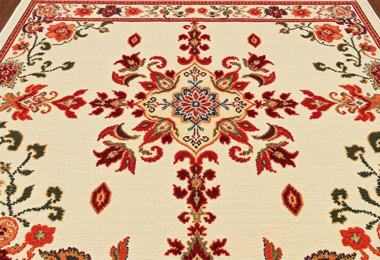 A detailed view of a Turkish rug with a central medallion and nature-inspired border designs.