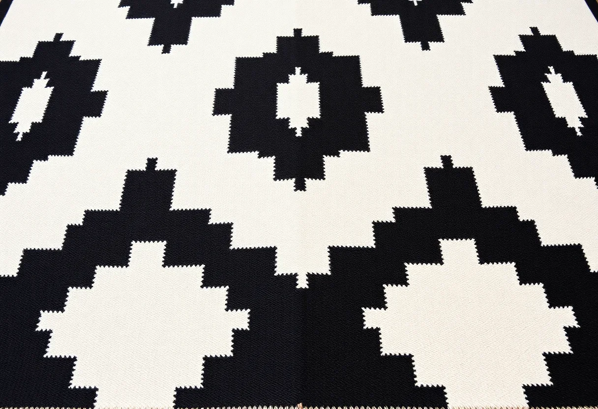 A minimalist kilim with clean geometric lines and a balanced color palette of cream and black.