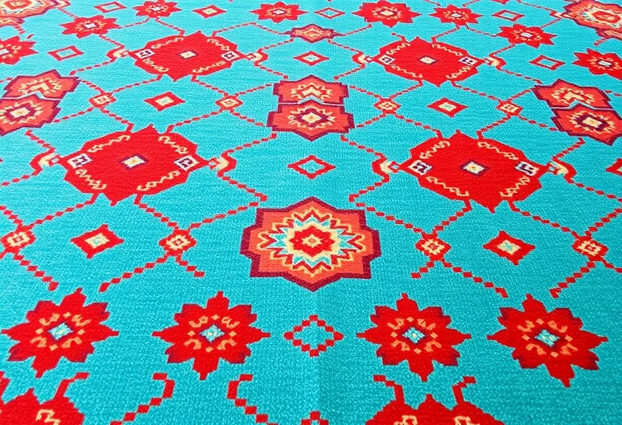 A vibrant Turkish carpet with repeating geometric shapes in turquoise and red.