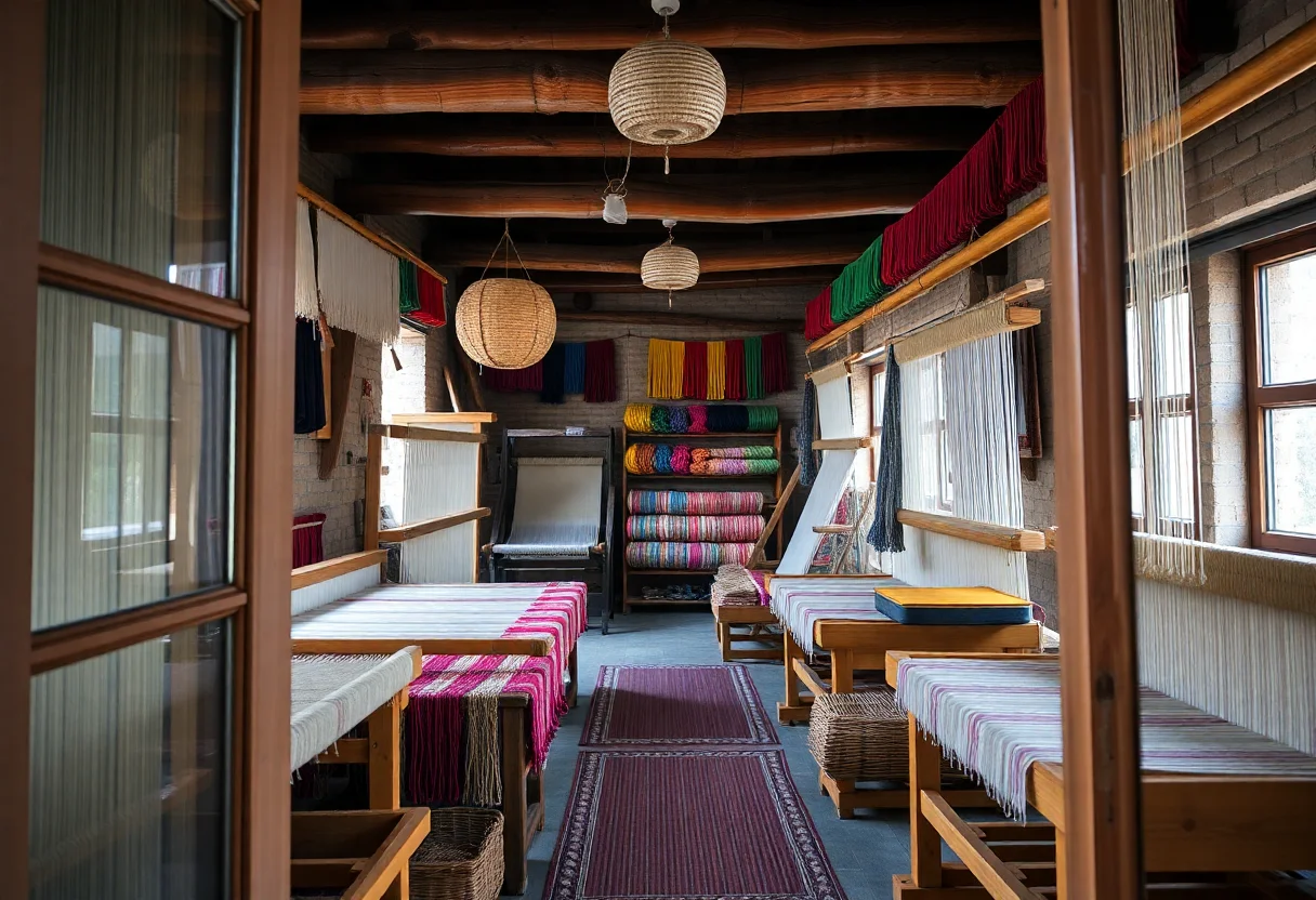 A welcoming view of a traditional Turkish weaving workshop with colorful yarns and looms.