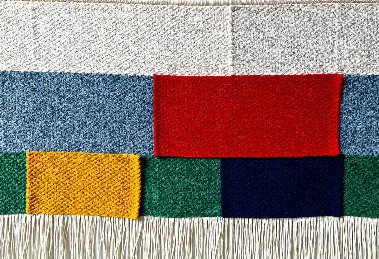 An abstract woven wall hanging with bold color blocks and varied textures.