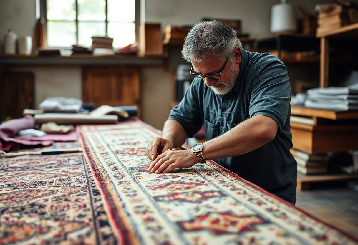 An artisan carefully finishing the edges of a handmade rug in a well-lit workshop