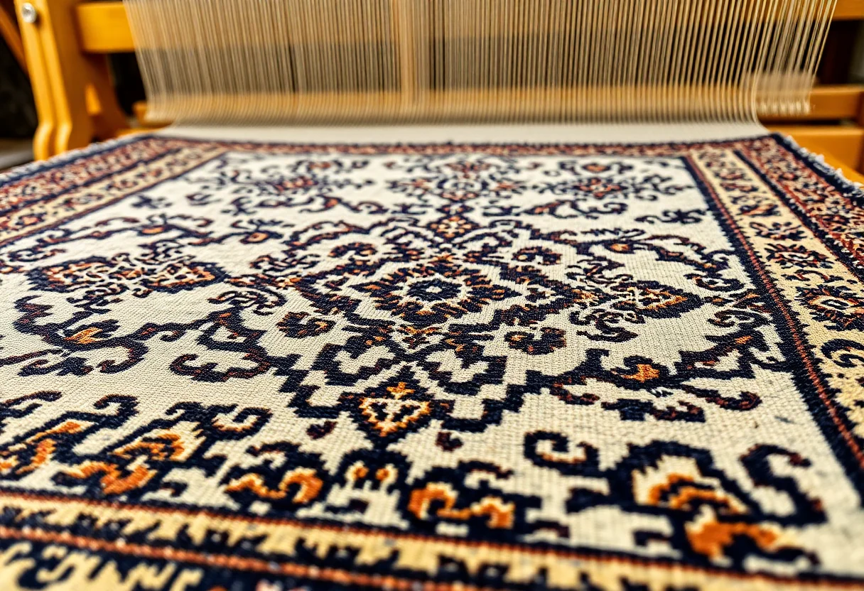 Close-up of a complex traditional Turkish carpet pattern being woven on a large loom