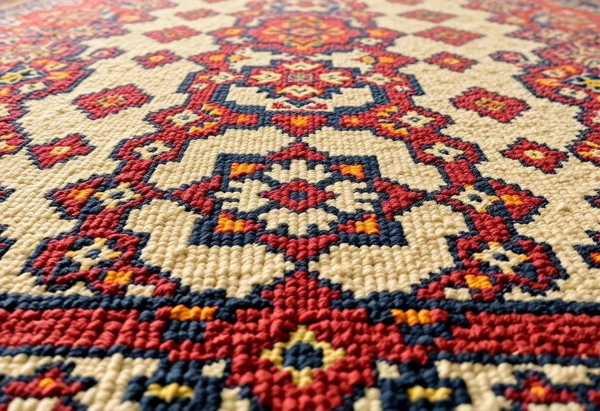 Close-up of a traditional Turkish carpet with intricate geometric patterns and rich colors.