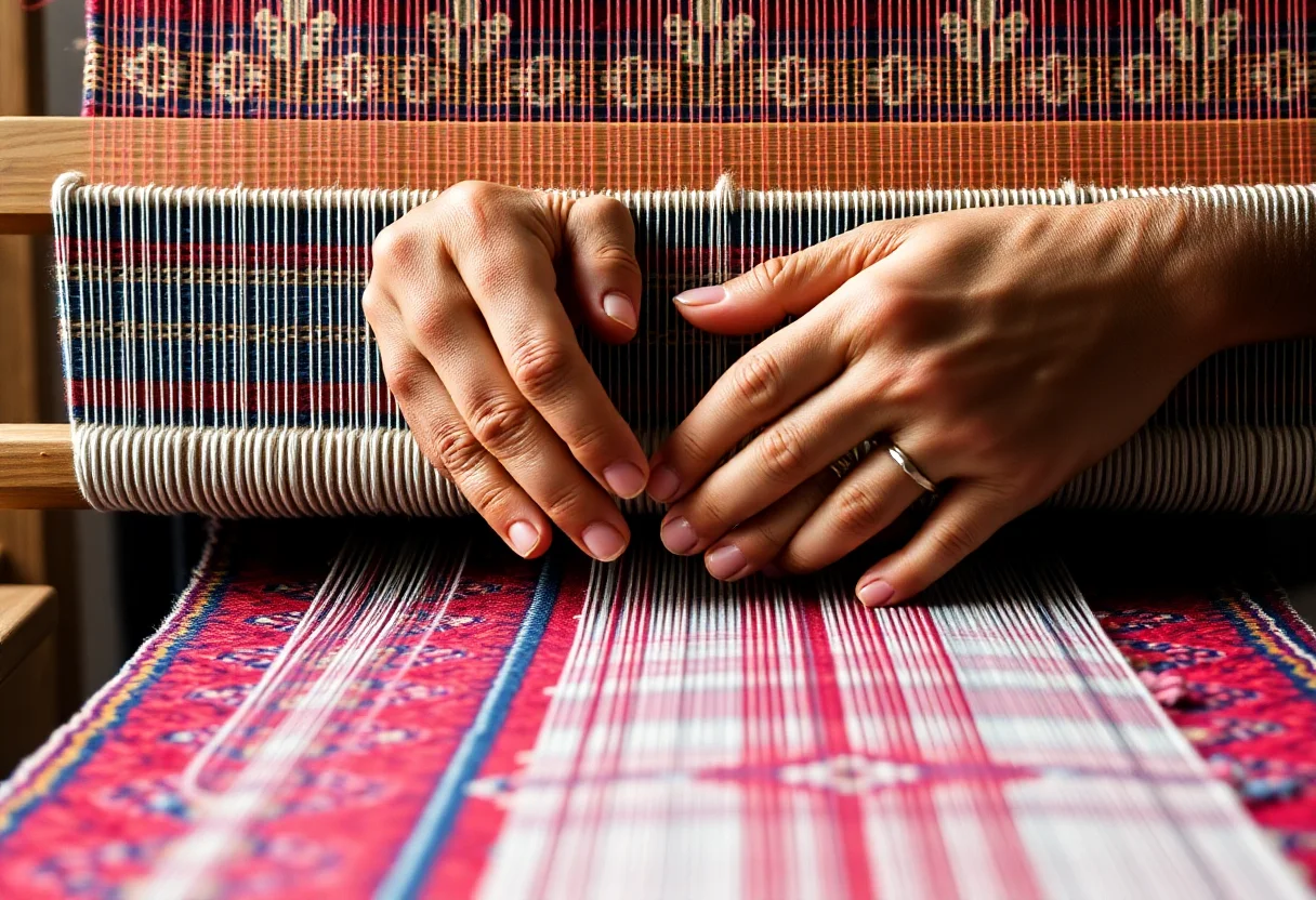 Close-up of hands weaving a traditional Turkish carpet on a loom, with vibrant red and blue threads.
