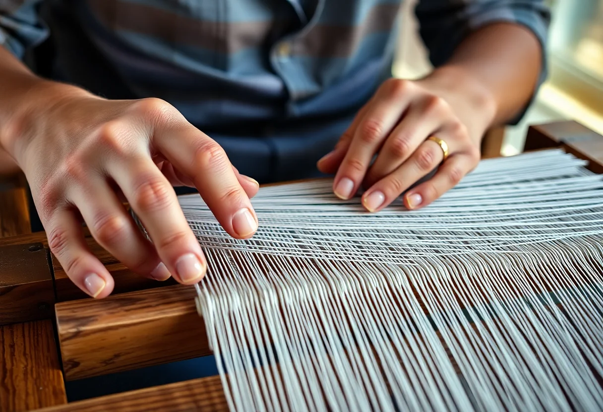 Close-up of hands weaving threads on a wooden loom, showing the intricate process of creating fabric.