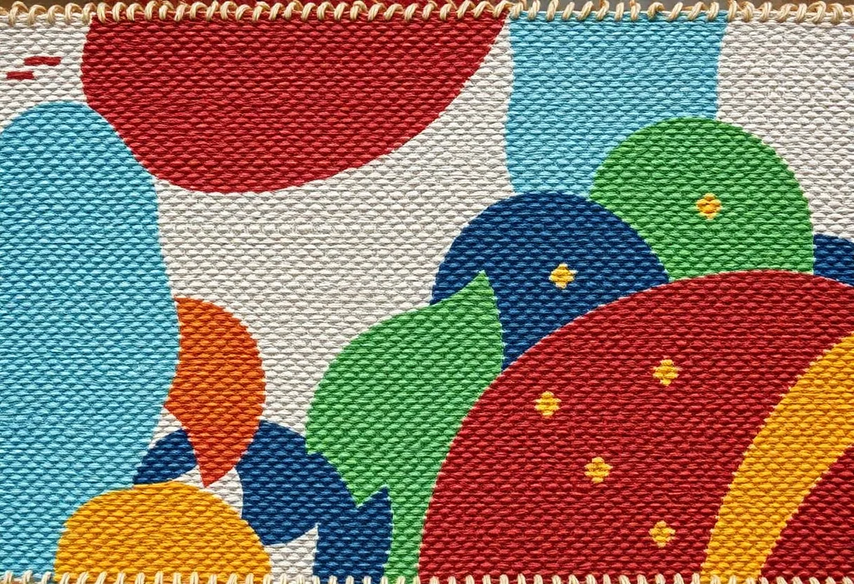 Colorful handwoven textile featuring abstract natural forms and earthy tones.