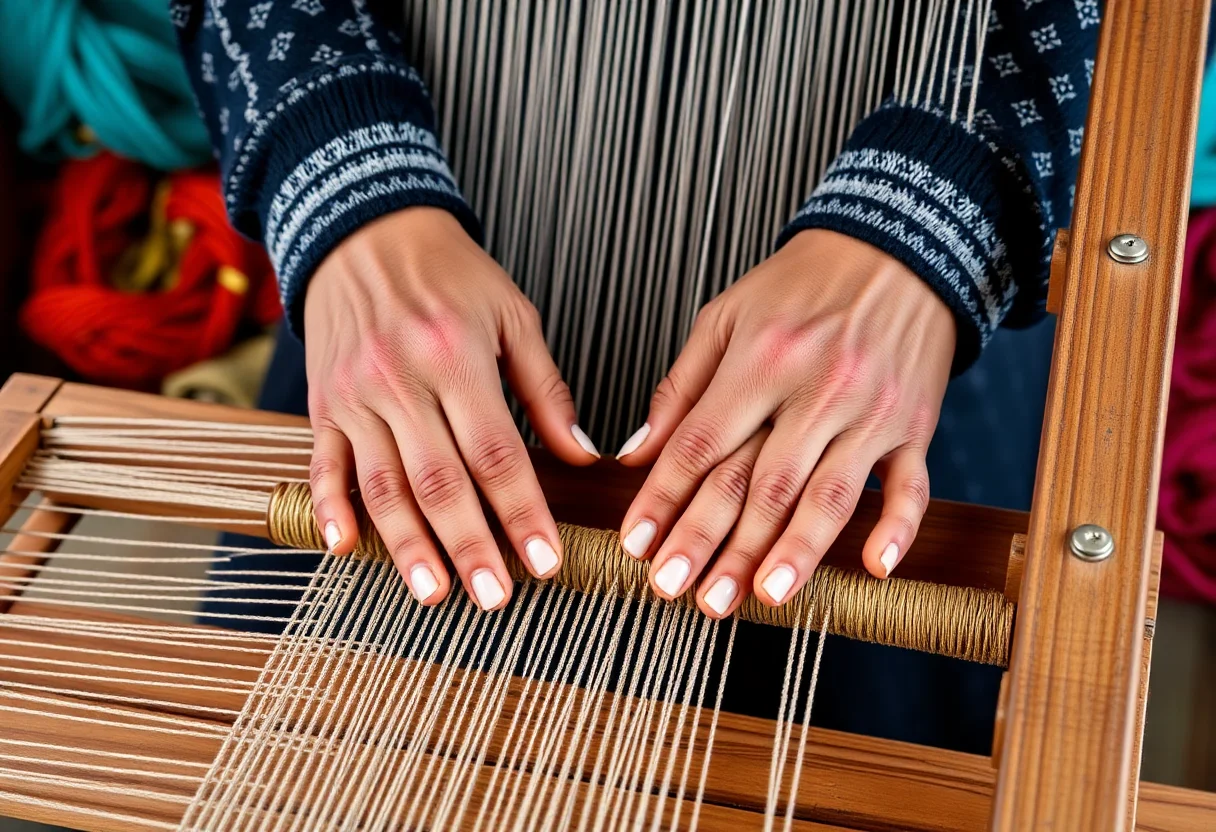 Hands of a person weaving on a traditional wooden loom, with colorful yarns in the background.