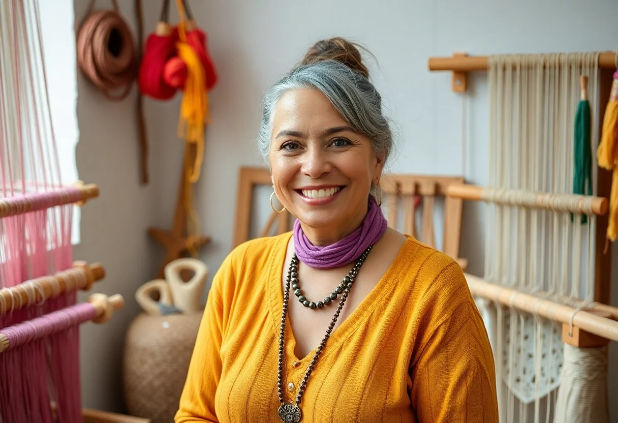 Portrait of a smiling female artisan in her workshop, surrounded by colorful yarns and weaving tools.
